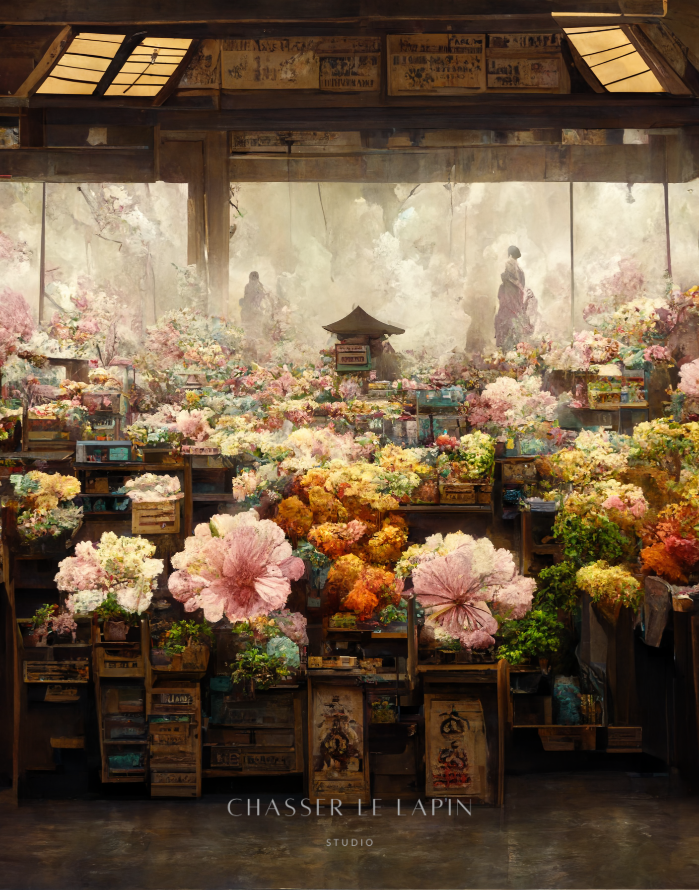 Flower Market in Japanese watercolour and oil style/ digital artwork print on Premium Canvas