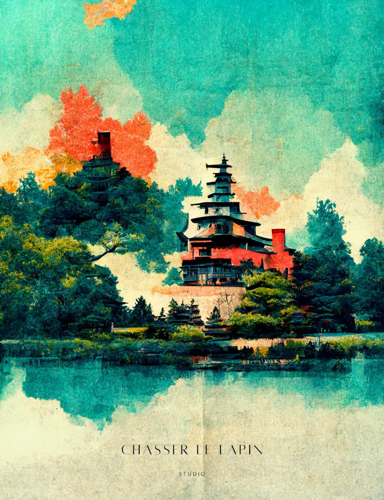 Sunrise In Biwa Lake In Japanese watercolour and oil style/ digital artwork print on Premium Canvas