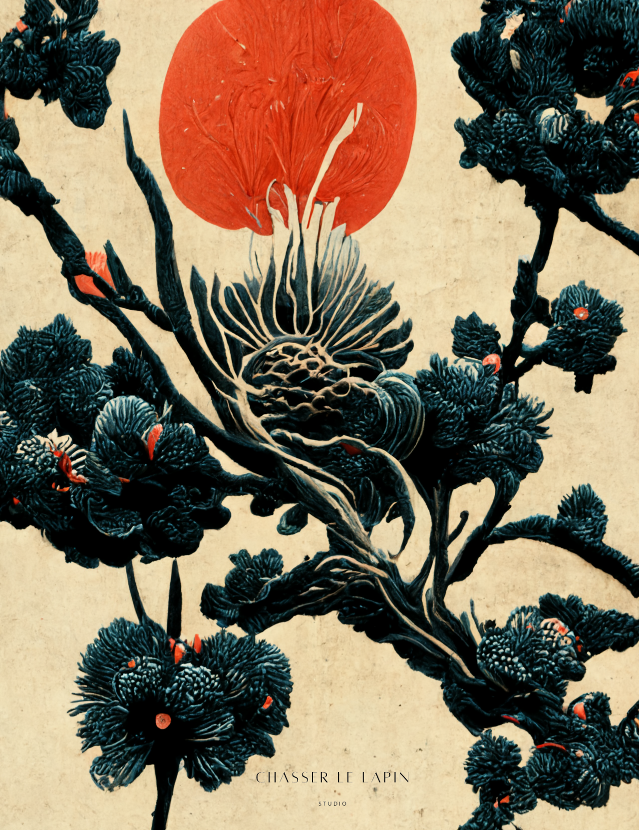 Pine tree in Japanese watercolour and oil style/ digital artwork print on Premium Canvas