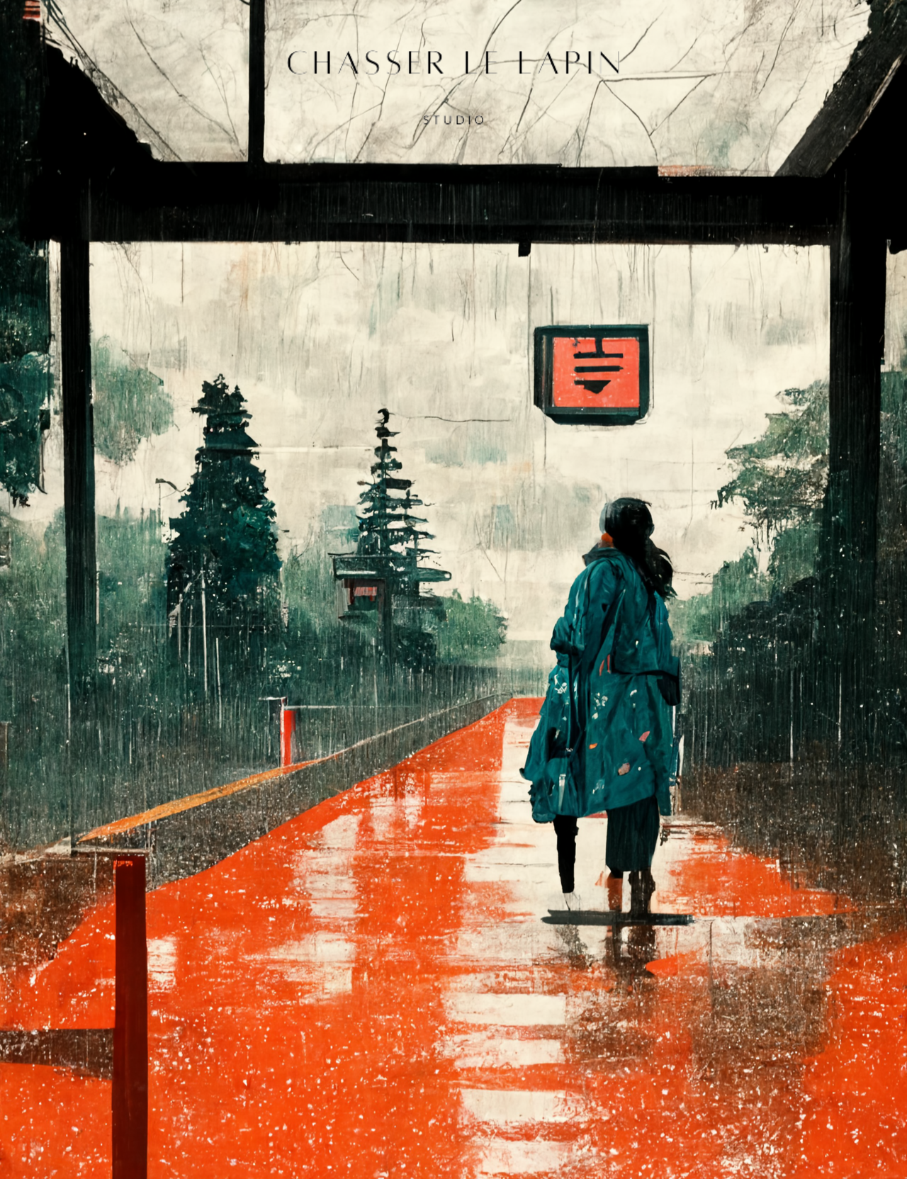 Under the rain/ in Japanese water colour and oil style/ digital artwork print on Premium Canvas