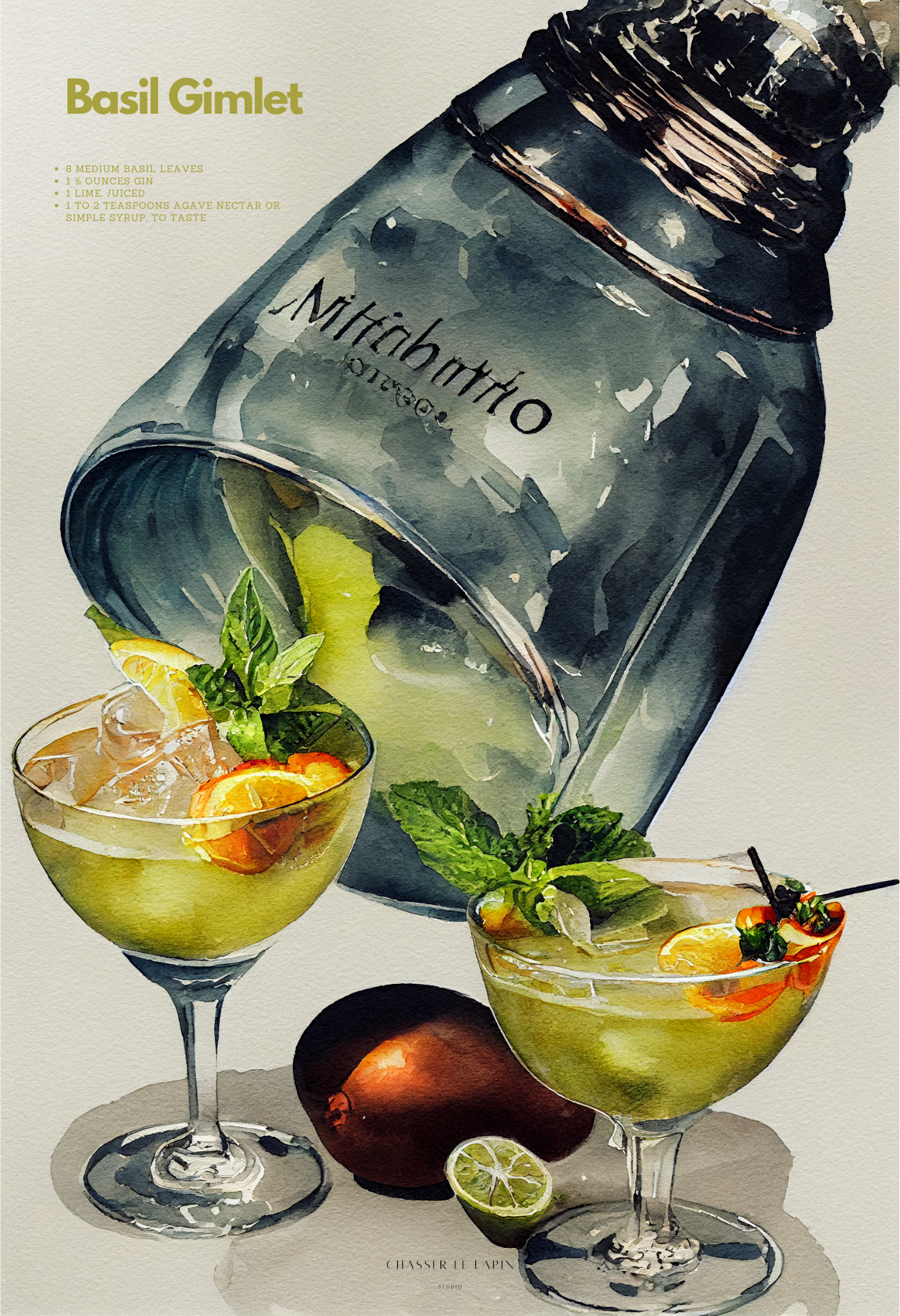 Basil Gimlet Cocktail/ Digital Artwork in watercolor style print on Premium Canvas