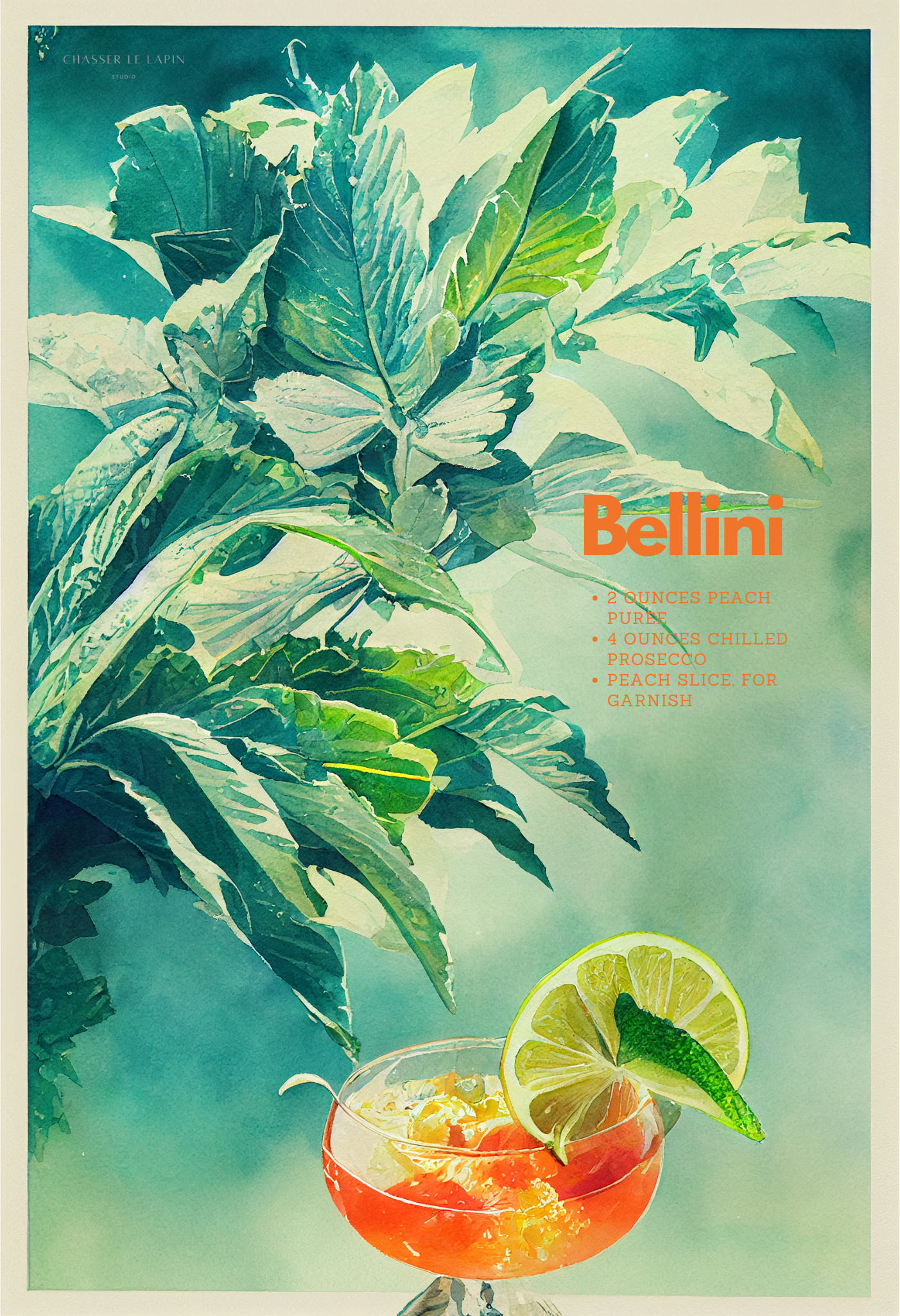 Bellini Cocktail/ Digital artwork in watercolor style print on Premium Canvas