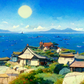 Village by the sea/ Digital Artwork in Ghibli style print on Premium Canvas