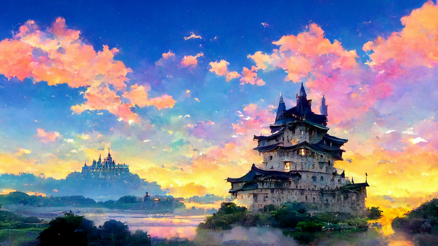 White Castle/ Digital artwork in Ghibli style print on Premium Canvas