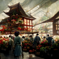 Flower Market in Japanese watercolour and oil style/ digital artwork print on Premium Canvas
