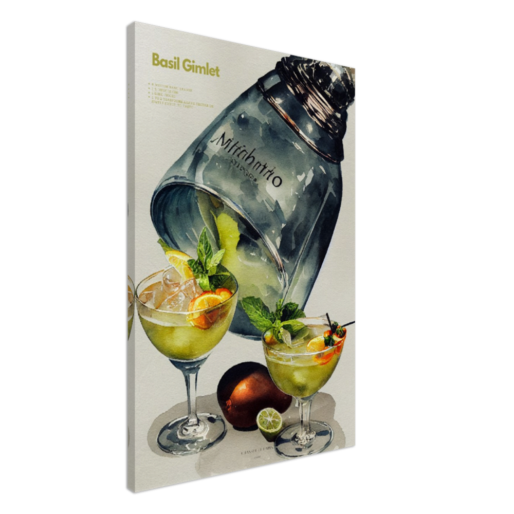 Basil Gimlet Cocktail/ Digital Artwork in watercolor style print on Premium Canvas