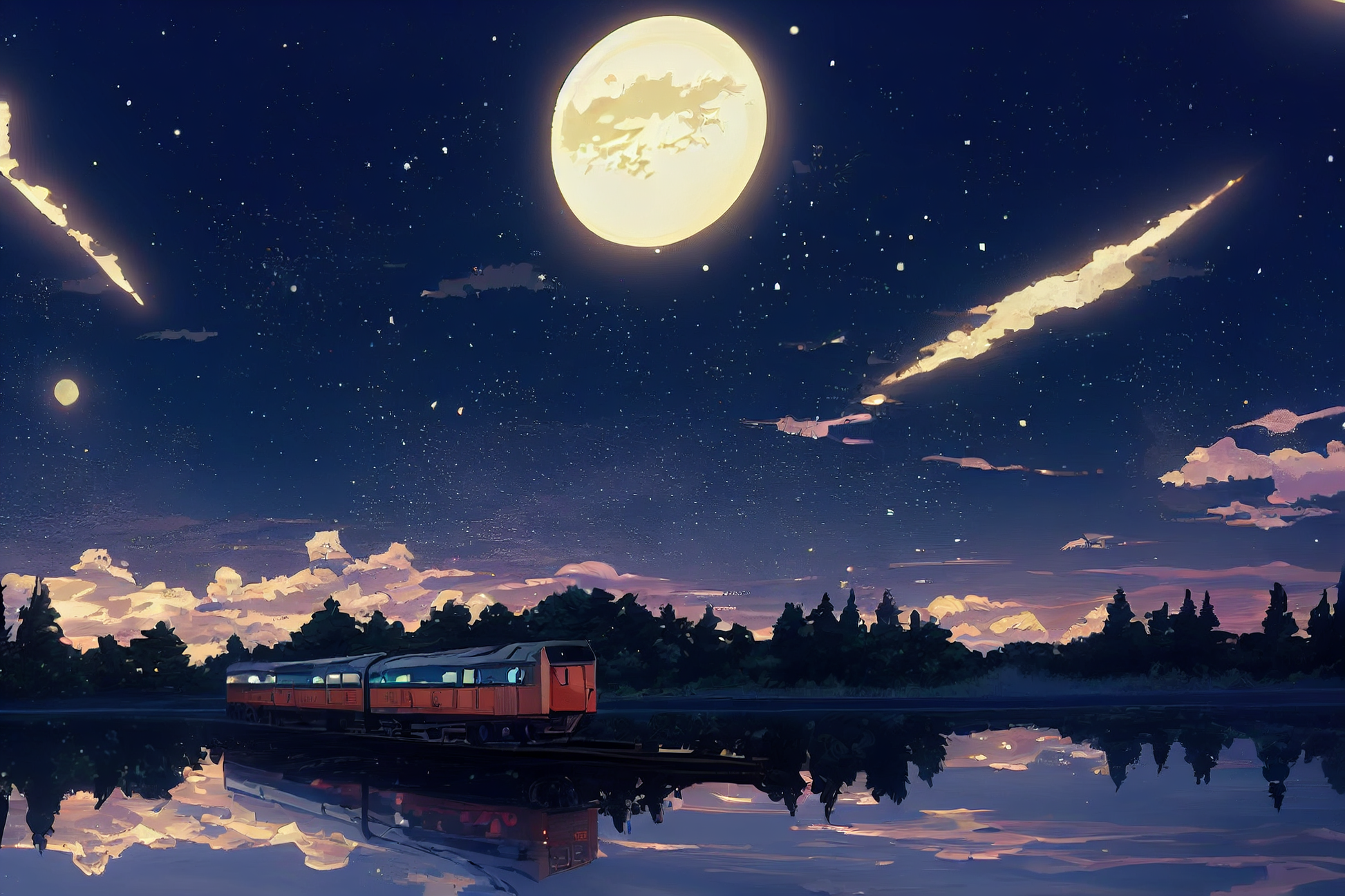 Midnight Train/ Digital Artwork in Ghibli style print on Premium Canvas